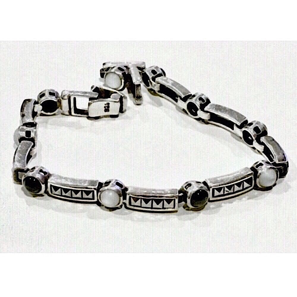 Art Deco Onyx Marcasite Mother of Pearl Sterling Silver Vintage Bracelet